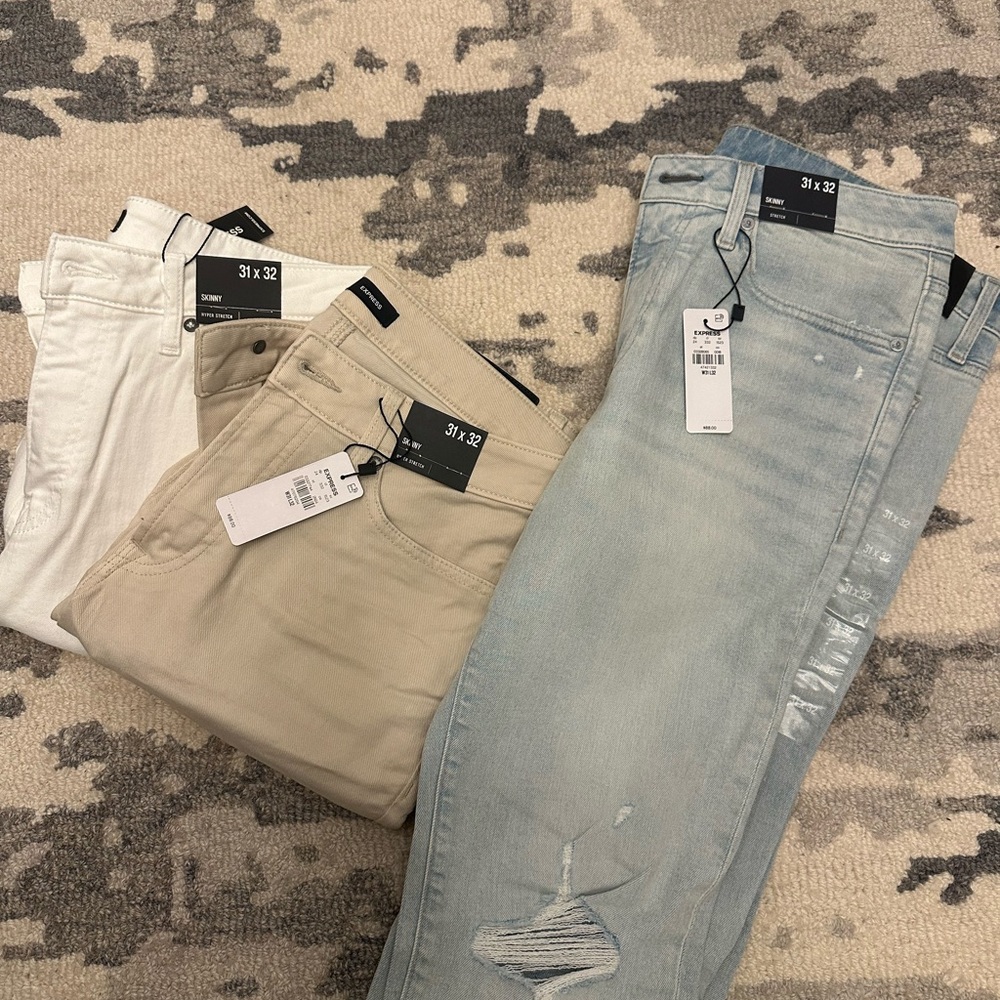 Express Men’s Skinny Jeans in Light Blue, White, and Khaki